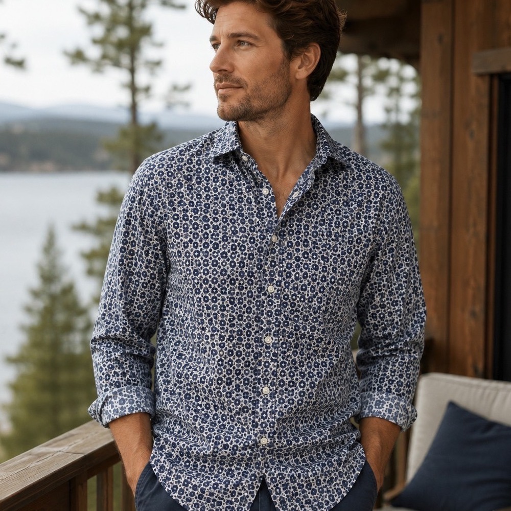 Eton Button Down Shirt Mens M Navy Blue Tropical Leaf Print Slim Fit 15.75